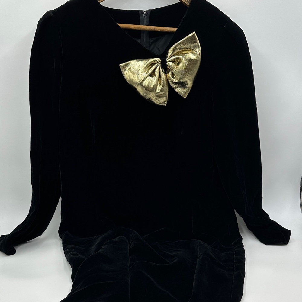 Vintage Halston III Black Velvet Dress Sz 8 Gold Bow Knee length 90s Holiday